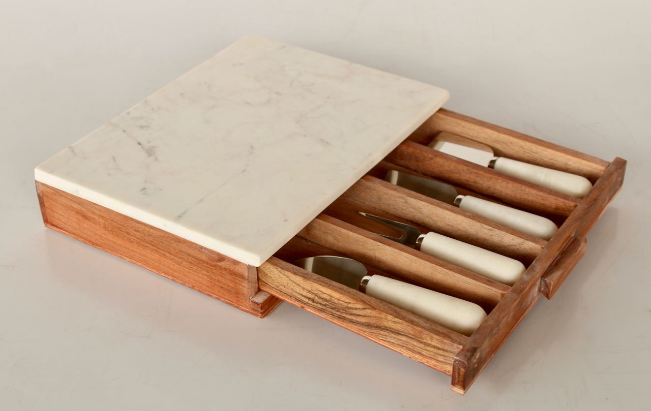 Marble and wood cheese knife box and board