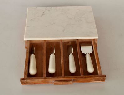 Marble and wood cheese knife box and board