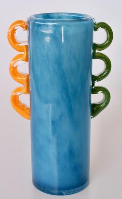 Tall blue glass base orange and green handles